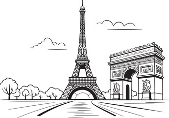 Obraz premium Paris France Skyline Silhouette Vector Illustration with Eiffel Tower and Arc de Triomphe