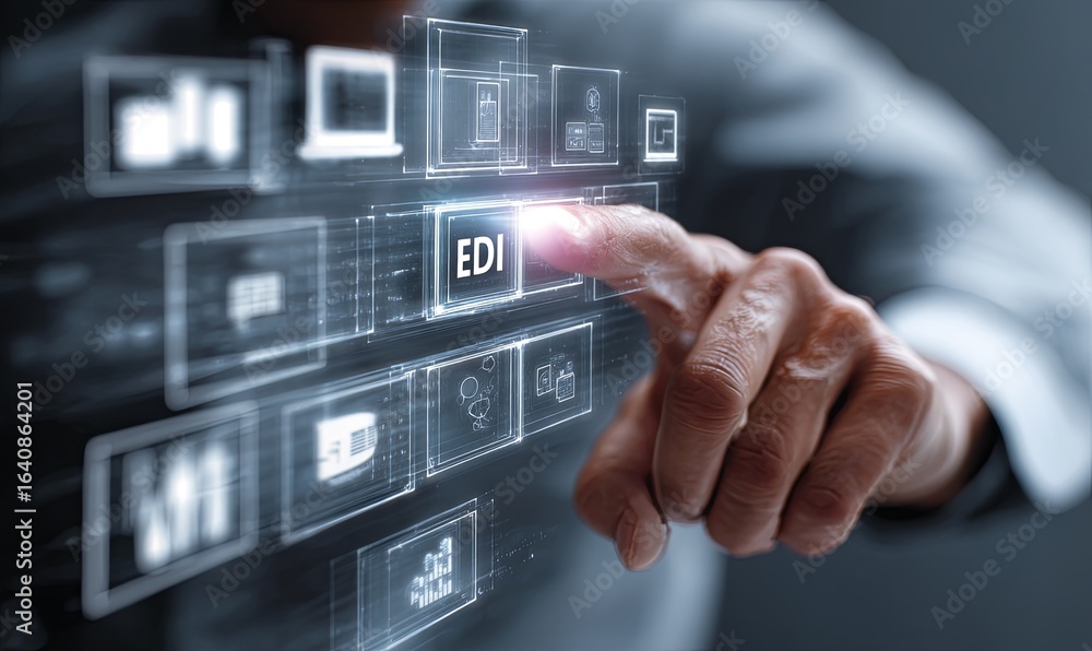Poster person interacting with digital interface displaying data management tools
