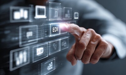 Person interacting with digital interface displaying data management tools