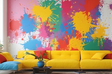 Vibrant colorful paint splash art wall decor with modern yellow sofa, ready for stylish home