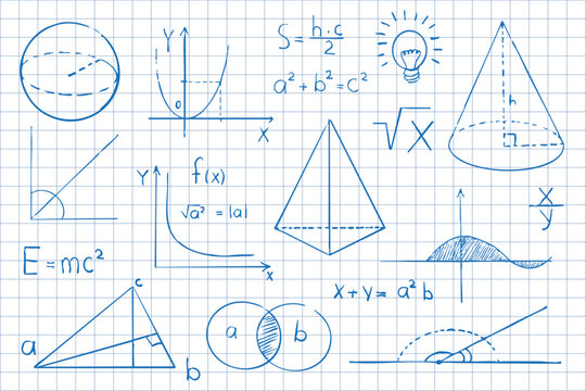 Math symbols formulas on notebook page background. Sketch symbols mathematical equations, schemes geometry shapes. 
