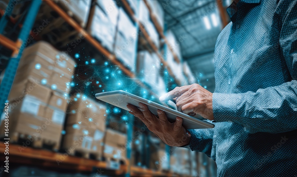Poster warehouse employee using tablet to manage inventory and data