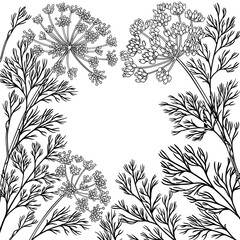 Dill Branch with Flowers and Leaves Outline Frame. Organic natural nutritional healthy food ingredient, vegetarian diet product. Vector isolated for design or decoration.