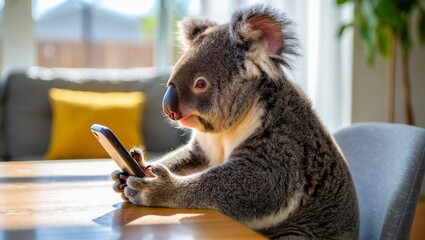 Cute koala bear using smartphone browsing internet funny animal pictures online now