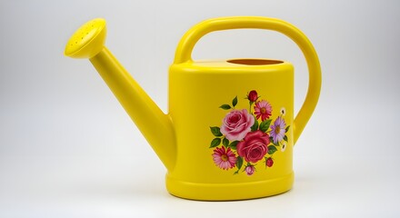 Yellow Watering Can with Floral Design on White Background | Gardening Tool for Watering Plants and Flowers in Home Garden