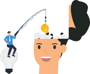 Creative Idea Concept: Businessman Fishing for a Lightbulb from an Open Head, Innovation,idea generation, thought process, creative thinking, success concept, business success, leadership skills, 