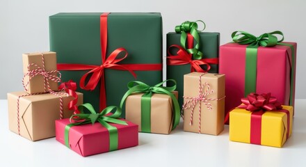 Obraz premium Festive Gift Boxes Wrapped in Colorful Paper and Ribbon for Holiday Celebrations, Showcasing Festive Decor
