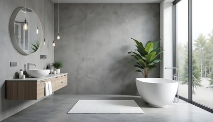 Modern minimalist bathroom interior featuring a freestanding white oval bathtub against a matte grey accent wall