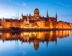 Fototapeta premium City skyline at twilight reflected in calm water