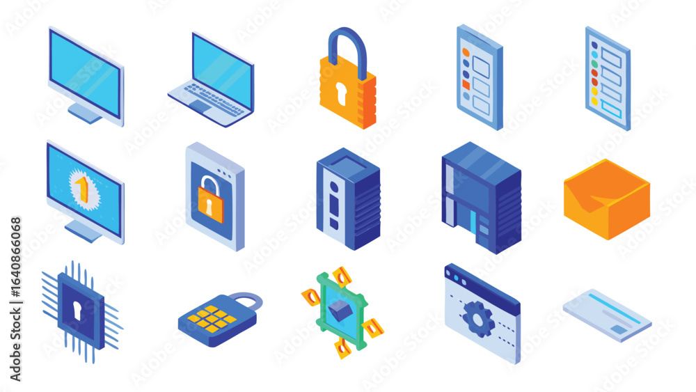 Aufkleber isometric technology icons showing computer laptop padlock server and security elements in blue and 