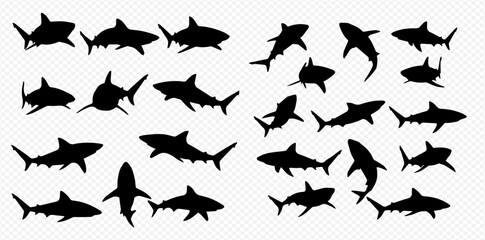 A collection of various black shark silhouettes, depicted in dynamic swimming poses and different angles.