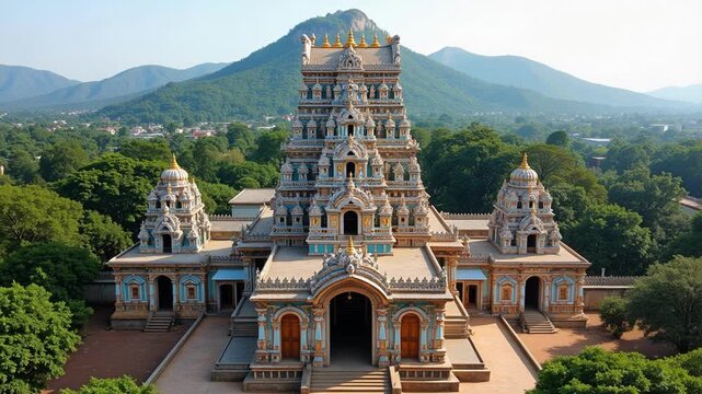 Majestic Annamalaiyar Temple aerial view reveals divine symmetry between sacred hill and towering spires, breathtaking 4k drone footage.