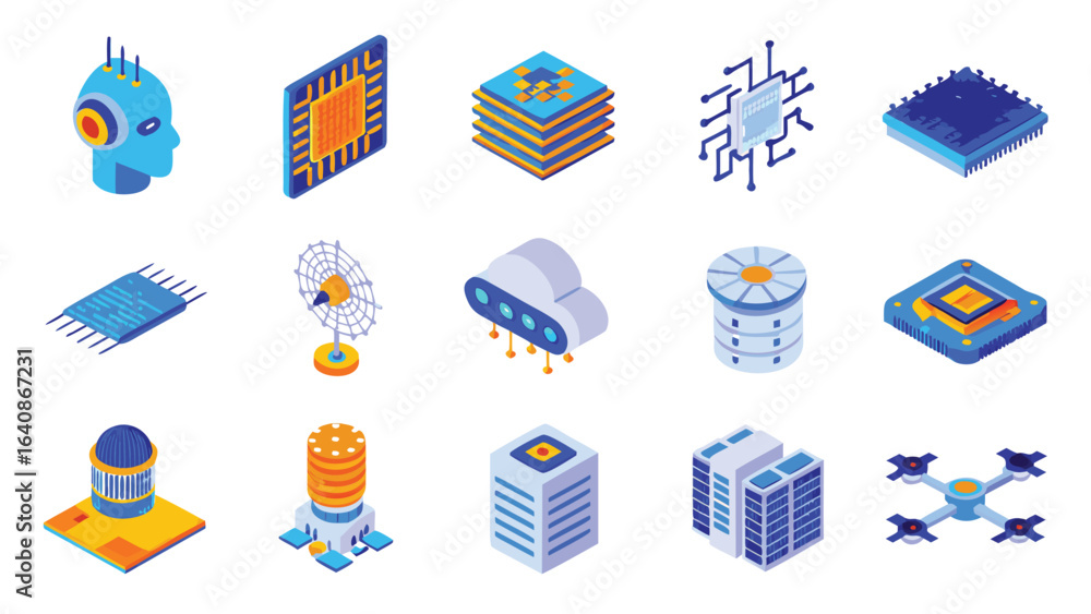 Aufkleber isometric icons showing artificial intelligence, cloud computing, and data storage elements design