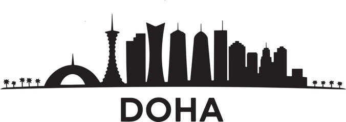 Doha Skyline Silhouette Vector Illustration with Palm Trees and Modern City Architecture