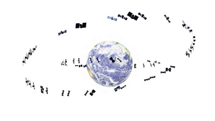 無数の人工衛星が地球とデジタル通信を行っている抽象画：背景透過、３Dレンダリング © hiro