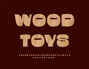 Vector Eco emblem Wood Toys. Tree Pattern Font. Wooden texture Alphabet Letters and Numbers set