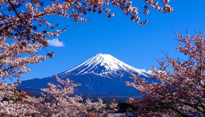 Mount Fuji Framed by Cherry Blossoms Under a Vibrant Blue Sky