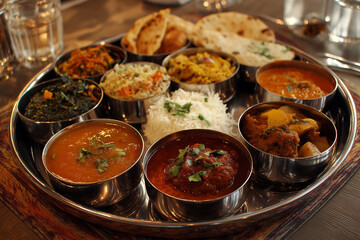 Indian thali with multiple dishes in steel plates