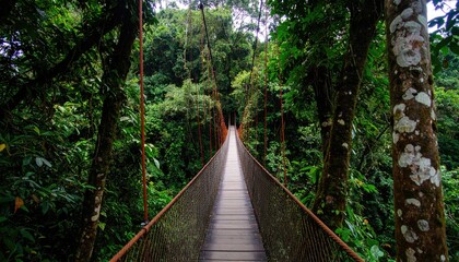 A wooden suspension bridge stretches across a lush green rainforest.
