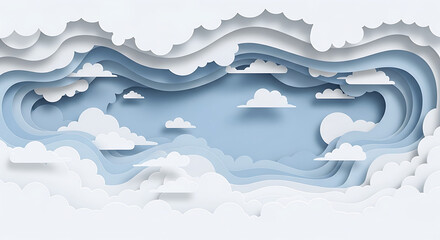 Fototapeta premium Cloud illustration in layered paper cut style, soft shadows, white and light blue layers, 3D cutout effect, aesthetic and clean