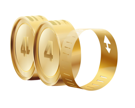 Two gold coins stacked, with a gold measuring tape encircling them