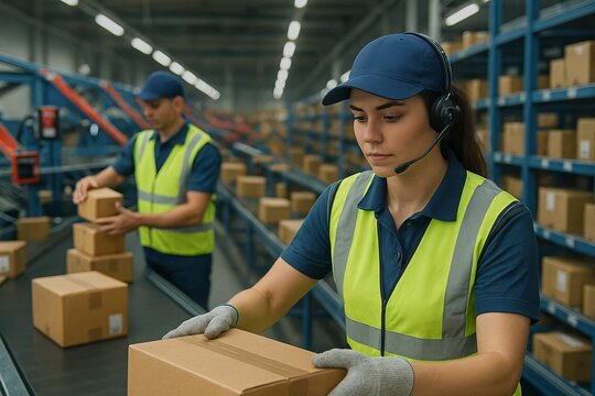Female warehouse worker with headset loading parcel onto conveyor, while male colleague stacks packages in automated sorting center.