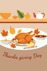 Thanksgiving day celebration with roasted turkey, pumpkin pie, autumn leaves, and gourds on a table. Feast concept. Vector illustration for greeting card, banner, poster