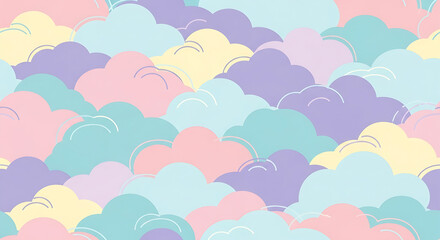 Seamless pattern of pink cartoon clouds and sun on a blue sky background