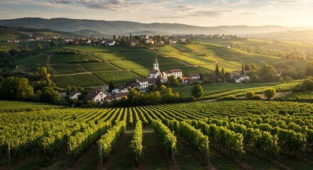 黄金時間輝く丘陵地帯のぶどう畑 静かな村並み. AI Generated