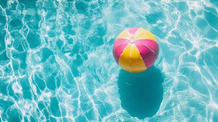 Pink and yellow beach ball floats in a sparkling blue swimming pool.