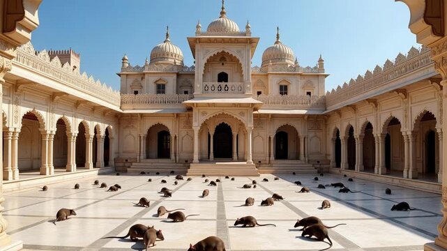 Stunning aerial 4K footage reveals Karni Mata Temple Bikaner's courtyard alive with countless rats and intricate marble designs shining from above.