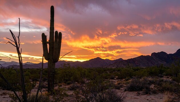 A tall saguaro cactus stands silhouetted against a vibrant sunset sky over a desert landscape with mountains in the background. - Powered by Adobe