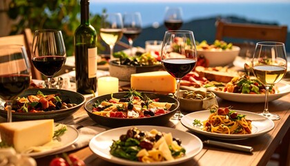 Gourmet Outdoor Dinner Wine with Pasta, Salad, Cheese, and Scenic Backdrop.