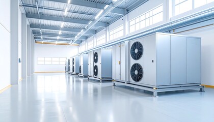 Industrial facility interior with cooling units.