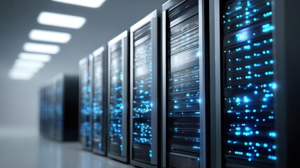 Server Room Data Center with Rows of Rack Servers and Blinking Lights for Technology