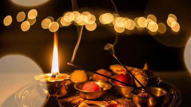 Lit diya and sweets illuminate a tray with blurred bokeh lights. Perfect for diwali festival greetings, festive background, or cultural celebration designs.