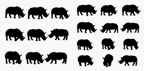 A graphic set of multiple black rhinoceros silhouettes in various standing and walking poses, arranged in rows on a transparent background.