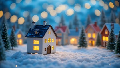 A charming miniature winter village scene featuring small, detailed model houses with warm glowing windows, surrounded by tiny green conical trees