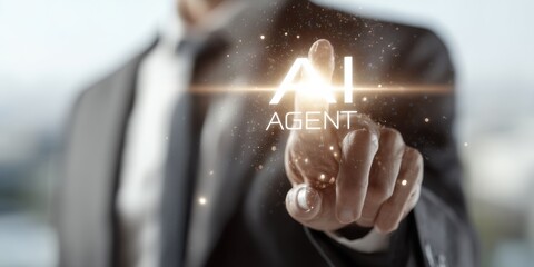 Professional man interacts with holographic AI agent while dressed in business attire during a futuristic setting