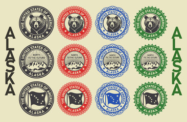 Vector set of fictional seals of state of Alaska. United States of America. Icons, stickers or badges. Bear head. Mountains, rocks and sun rays. Flag with Ursa Major constellation and North Star