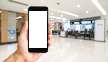 A hand holds a black smartphone with a blank white screen in a blurred shopping mall setting.