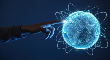 Global Network Connection: Hand Touching Digital Earth Globe with Data Streams and Futuristic Technology