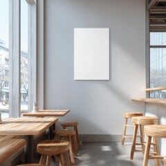 Modern cafe interior with wooden furniture and blank wall ready for artwork display