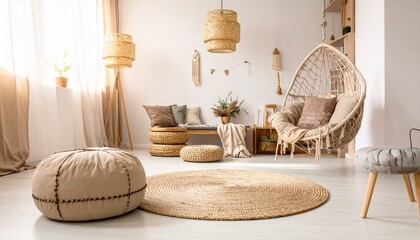 Fototapeta premium Cozy pastel reading nook with beanbag and warm floor lamp