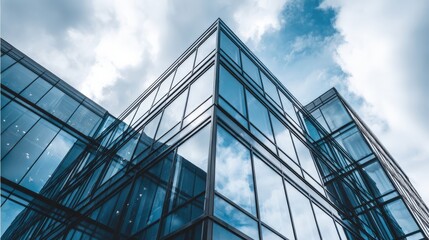 Modern Office Building with Glass Facade Reflecting Sky, Representing Corporate Architecture and Urban Development