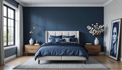A stylish and modern bedroom interior with a bold dark blue accent wall, featuring a neatly made bed with layered bedding in shades of deep blue and navy, complemented by matching throw pillows