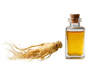 Fototapeta premium Ginseng root next to bottle of essential oil on white background for wellness and health benefit concepts