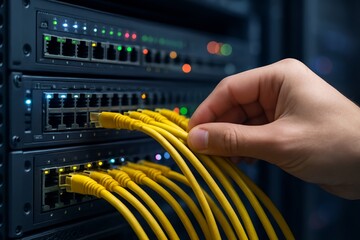 Close-up of a human hand connecting Ethernet cables into a network switch in a modern data center, with glowing LED lights in the background.