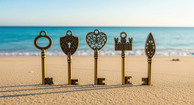 Collection of decorative antique skeleton keys on a sandy beach with the ocean in the background