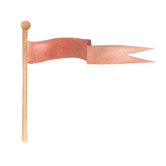 Watercolor illustration of a waving flag on the flagpole in red. Long medieval flag, isolated. Hand drawn, sketch